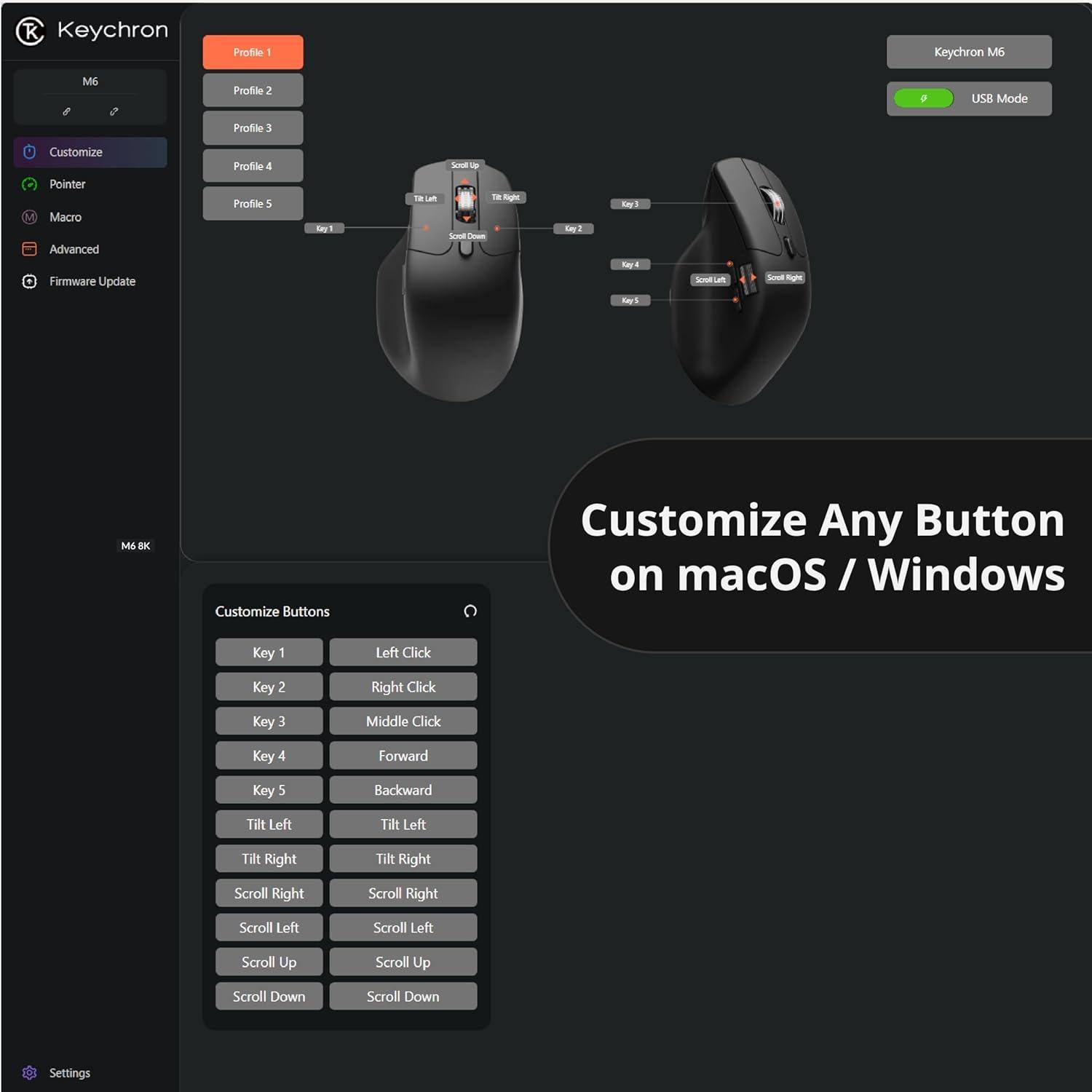 imageKeychron M6 Silent Wireless Gaming Mouse 1000Hz Polling Bluetooth 5324GHzWired PixArt 3311 Optical Sensor up to 12000 DPI Lightweight 86g Programmable for WindowsMacLinux  BlackBlack